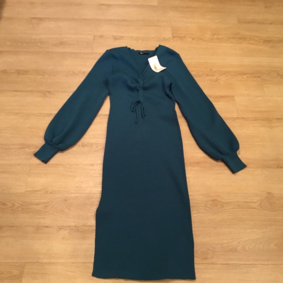 NWT Prettygarden Teal Long Sleeve Knit Midi Dress Size Medium - Picture 2 of 6